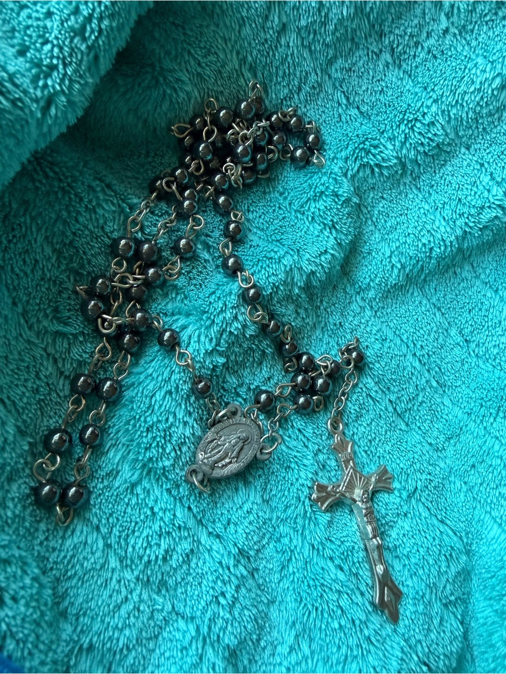 Catholic Rosary Dark Beads Miraculous Medal INRI Crucifix Silver Tone